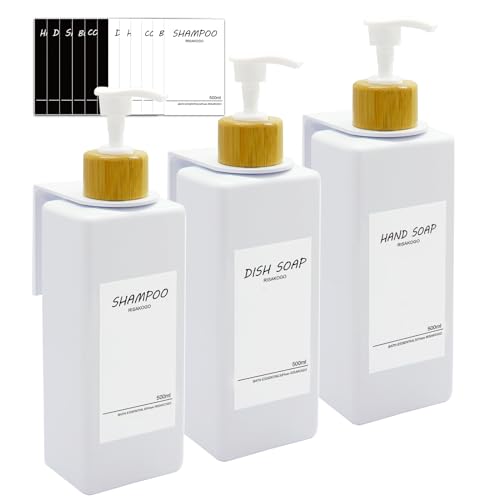 RISAKOGO3 Piezas Dispensador Jabon Pared para Cocina y Baño 500ml Dispensador Gel y Champu Ducha Botella de Bomba de Loción Sin Taladrar,Blanco