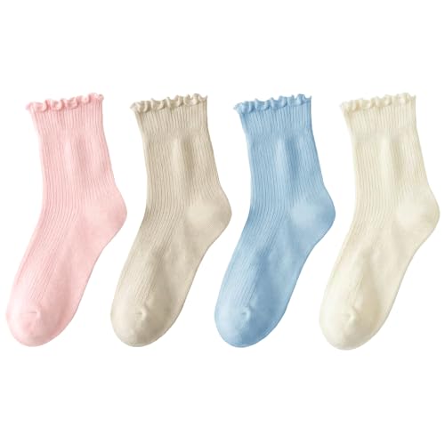 Image of Women Ruffle Socks, Cute Ankle Crew Socks for Women, 4 Pairs Frilly Womens Socks Size 5-9