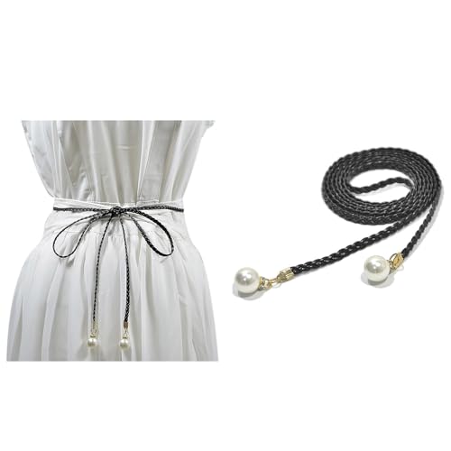 2Pcs Fashion Woven Waist Rope Adjustable Laceup Waist Belt with Pearls Decors for Women Dresses and Skirt All Matching2