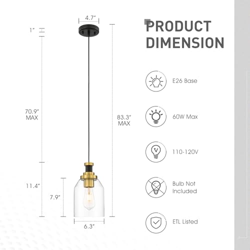 Image of zeyu Glass Pendant Lights Kitchen Island 2 Pack, Modern Hanging Light for Kitchen Sink Dining Room, Clear Glass Shade, Black and Gold Finish, ZG33M1L-2L BK+BG