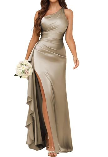 ORRCIGH Vestido de dama de honor con un hombro descubierto, vestido largo de satén para fiesta de noche, vestido largo con abertura WPX095, marrón, 46
