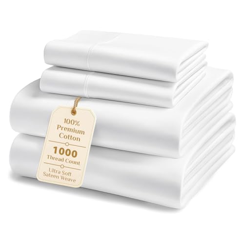 Image of Full Size Sheets, 1000 Thread Count 100% Cotton 4-Piece Bed Sheet Set, 16-Inch Deep Pocket, Soft Breathable Cooling Sateen Hotel Bedding, White