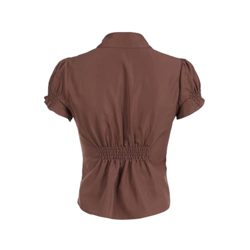 Women's button up shirt, teenage girls' bubble sleeves, pleated polo collar, short sleeved top, brown3
