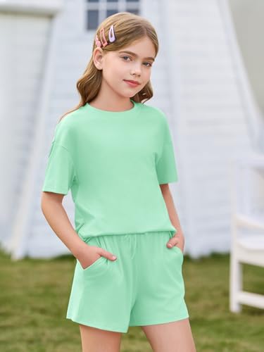 Image of Haloumoning Girls Summer 2 Piece Outfits Kids Oversized T Shirts and Shorts Clothing Sets 5-14 Years