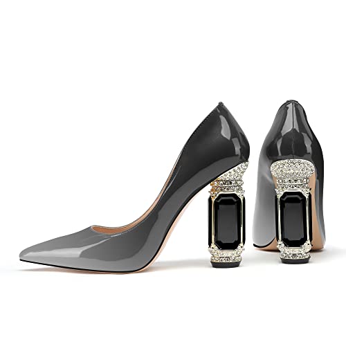 Image of JANSEVEN Women Chunky Heels Pumps Crystal Block Heels with Rhinestones Pointed Toe Sexy Gradient Patent Leather Slip on Bridal Party Wedding Dress Shoes 5-13 M US