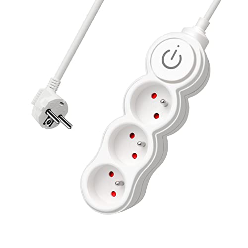 EXTRASTAR Bloc Multiprises 3 Prises avec Interrupteur, Rallonge 3 m 250 V avec sécurité Enfant , Blanc Cover