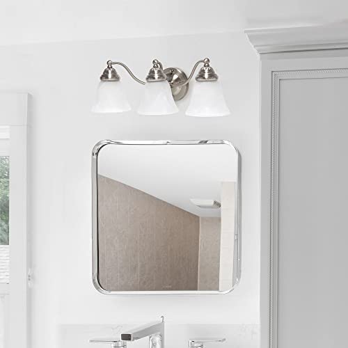 Image of Simple Designs VT1023-BSN 19.25 inch Classic 3 Light Winding Metal and Frosted Marble White Bell Shape Glass Shades Decorative Wall Mounted Vanity Fixture For Bathroom, Entryway, Hallway, Brushed Nickel