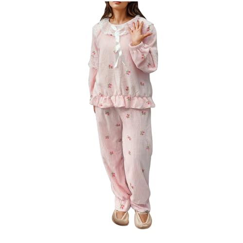 Womens-Pajamas-Set-Lace-Patchwork-Comfy-Fall-Winter-Nightwear-Ruffle-Hem-Cute-Teen-Girls-Casual-Sleepwear-Set-2024