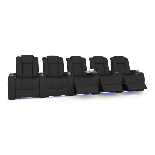 Image of Seatcraft Virtuoso LT Black Italian Leather Home Theater Seating, Zero Gravity Power Recliner, Powered Headrest and Lumbar Gaming and Home Office Chair, Heat and Massage Lounge Sofa, Row of 5
