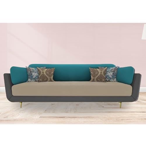 Image of Sixpine Luxury Dual Color Upholstery Classic Sofa in Premium Velvet | Solid Wood Structure | Sturdy Golden Legs | High Density Foam | Extra Comfort for Living Room (Grey Beige Turquoise, 3 Seater)