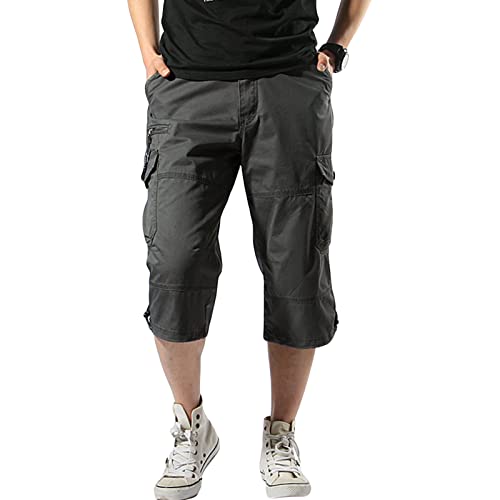 Men's 3/4 Long Cargo Shorts Loose Fit below Knee Tactical Capri Short Relaxed Fit Short Pants with Multi Pockets (Dark Grey,4X-Large)