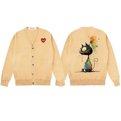 Oil Painting Colored Cat Printing Men Cardigan V-Neck Red Snag Eyes Heart Embroidery Cotton Button Open Front Sweater