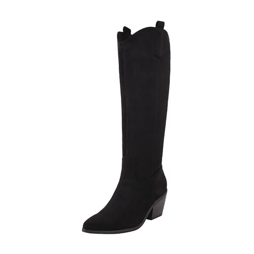 Image of Reitoye Cowboy Boots for Women Embroidery Western Cowgirl Knee High Chunky Heel Boots with Pull-Up Tabs