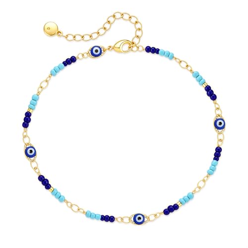 Ankle Bracelets for Women 18K Gold Plated Anklets for Women Waterproof Dainty Gold Ankle Bracelets with Evil Eye Blue Beads Boho Anklet Everyday Beach Summer Jewelry Gift