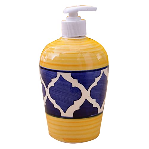 Image of Ceramic Liquid Soap Dispenser, 450 ml, Yellow Blue | Refillable Pump Bottle for Hand Wash, Lotion, Shampoo & Kitchen Use, 1 Piece