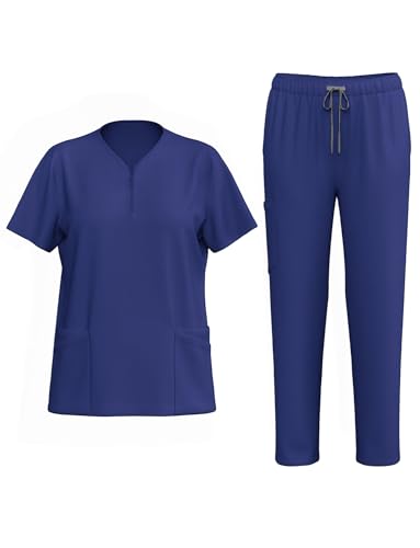 Conjunto de Uniforme Médico Unisex con Cierre, Túnica de Enfermería con Manga Corta y Cuello en V, Pantalones, Uniformes Médicos con Parte Superior y Pantalones, Ropa de Trabajo para Hospital, añil, L