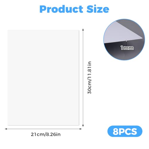 KineticKraft 8 Stück Kunststoffplatte Weiß, Polypropylen Platte Weiß, A4 Kunststoffplatten 30 x 21 cm, 1mm Dick Hart Plastikplatte, für Modellbau, Heimdekoration Basteln Architektur Diy Projekte