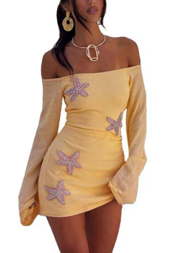 SOOKABEILA Women Starfish Sequin Mini Dress Off Shoulder Long Sleeve Mesh Knit Coverup Dress Summer Beach Vacation Dresses(Yellow,S)