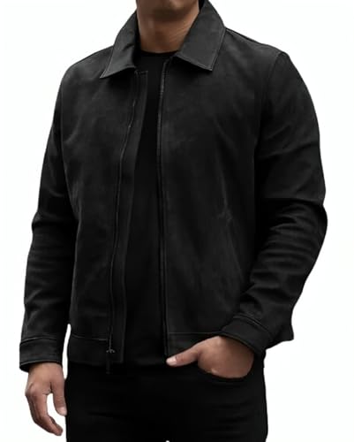 Image of Mens Shirt Collar Genuine Real Lambskin Leather Jacket For Men Vintage Classic Biker Style with Zip Out Liner