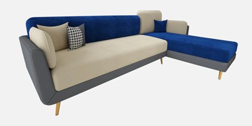 Image of Polyester Velvet Contemperory Sofa Set with Cushion Chaise Lounge, Sectional Sofa Perfect for Your Living Room,Guests Room & Office. (Blue & Beige, 5 Seater)