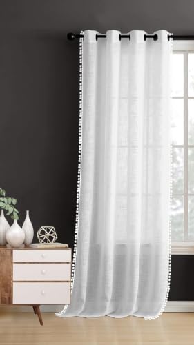 Image of THE LINEN COMPANY Cotton Linen Textured Sheer Eyelet Curtains with Side Border Pompom for Window, Light Filtering Curtain Panels, White, 6 Feet, Pack of 1
