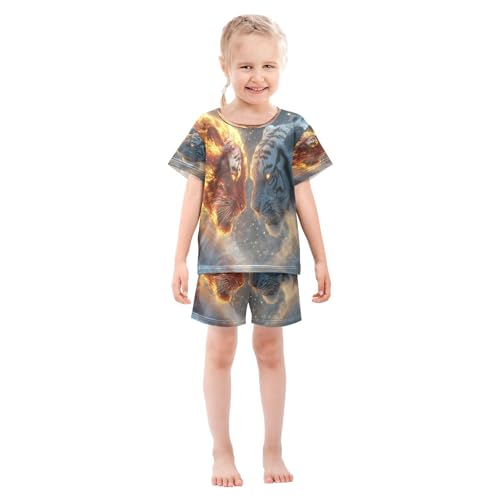 ALAZA Tiger Snow Fire Pajamas Set Short Sleeve Cotton Sleepwear Summer Pjs 2 Piece 5-14Y3