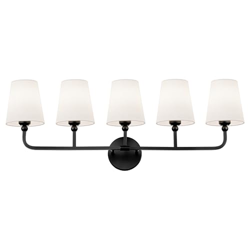 Image of Bathroom Light Fixtures, 5 Light Matte Black Vanity Lights with Flared White Fabric Shade, 35 Inch Wall Sconce, Modern Sconces Wall Lighting for Hallway Bedroom, VL837-MB-5