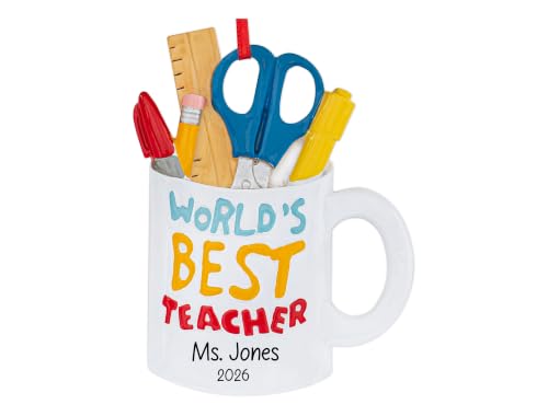 UniqXmas Personalized Teacher Appreciation Christmas Ornament 2026 | World's Best Teacher Mug with Ruler Scissor and Pencil for Xmas Tree, #1 Best Great Teacher | Unique Keepsake - Custom Name & Year