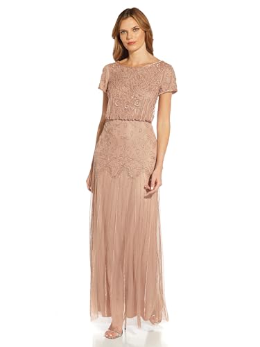 Image of Adrianna Papell Boat Neck Short Sleeve Blouson Beaded Gown