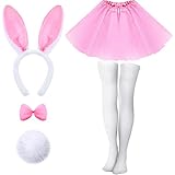 Yahenda 5 Pcs Easter Bunny Costume Set for Adult Bunny Ears Headband Rabbit Bowtie Tail Tutu Thigh High Stocking for Girl Cosplay (Pink Tutu)