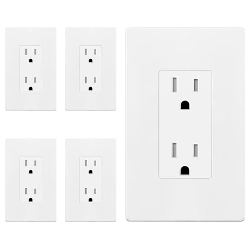 Image of ENERLITES 5 Pack Matter White Decorator Receptacle with Screwless Wall Plate, Standard Electrical Wall Outlet, 15A 125V, Self-Grounding, 2-Pole, 3-Wire, 5-15R, UL Listed, Tamper Resistant