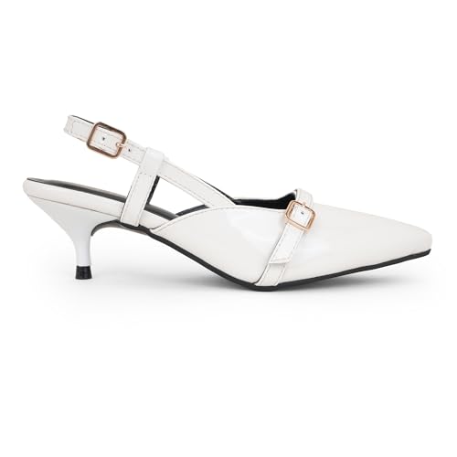 Image of Women's Pointed Toe Kitten Heels, Elegant Glossy Patent Leather Slingback Pumps with Adjustable Buckle Strap, 2-Inch Pencil Heel Sandals