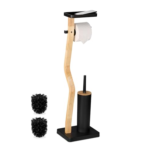 Relaxdays Serviteur WC Non Fixe, Support téléphone, H x L x P : 80,5 x 23 x 18 cm, pour Salle de Bain, Noir et Nature