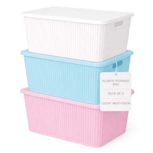 Image of Plastic Storage Box with Lid - Large Stackable Organizer Storage Box for Clothes, Toys, Kitchen - Big Size Plastic Storage Container Basket for Home, Office, Bathroom(Large,3pcs,MultiColor)