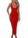 BEAGIMEG Women's Sexy Ruched Sleeveless Deep V Elegant Cocktail Evening Party Maxi Dress red
