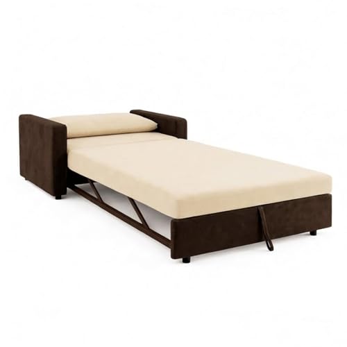 Image of SOCOZI Enrique 1 Seater Sofa Cum Bed | Soft Velvet Suede Fabric | Modern Convertible Design | Plush Comfort Seating for Living Room (Dark Brown-Cream)