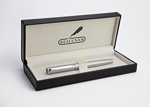 Beiluner Luxury Fountain Pen Set,Solid 24K Gilded Extra Fine Nib, Silver Stainless Steel Body- Includes 6 Ink Cartridges & Ink Refill Converter With Gift Case - Perfect For Men And Women #TOP2