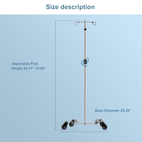 IV Poles IV Stands 2 Hooks 4 Legs Portable Rolling with Stainless Steel Adjustable Height, 2PCS