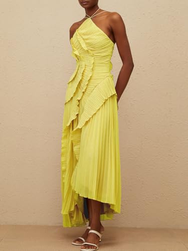 Image of Women Y2k Backless Long Dress Halter Tie Neck Maxi Dress Flowy Beach Sundress Summer Streetwear