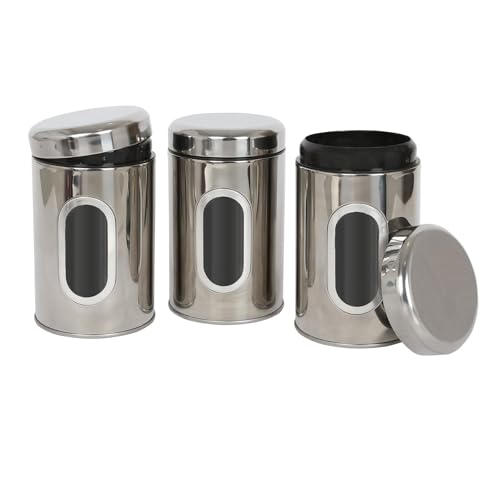 Harbour Housewares Tea Coffee Sugar Canisters Set - 3 Piece - Chrome Kitchen Canisters with Airtight Lids & Transparent Viewing Window - Stainless Steel Storage Tins for Kitchen Bench or Pantry