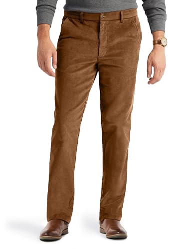PLEPAN Mens Dress Corduroy Pants Classic Fit Stretch Elastic Waist Casual Pant Brown Medium