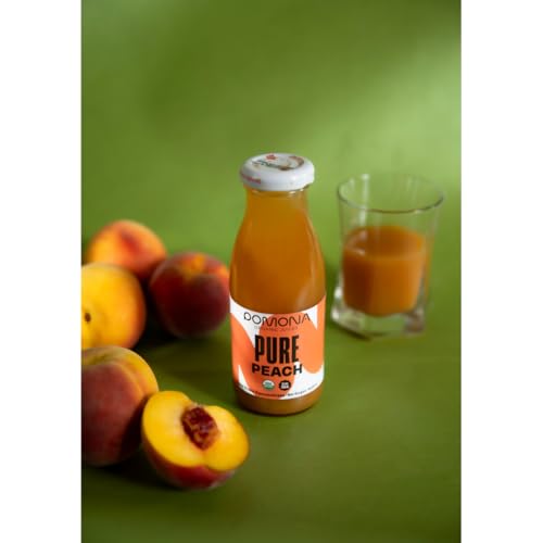 Pomona Organic Peach Juice (Pack of 12), Cold Pressed USDA Organic Juices, 100% Peaches, No Added Sugar, Not From Concentrate, Vegan, Kosher, Non GMO, Pasteurized, 8.4 oz Glass Bottles