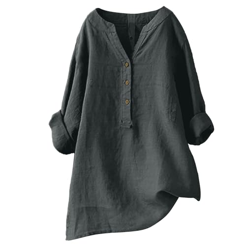 Lange Damen Leinen Tunika Bluse - Sommer Top Mit Knöpfen, Langarm T-Shirt, Große Größen, Elegant Casual Vintage Oversized, Grau, XXL