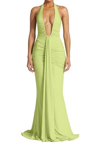 SHINFY Women Summer Halter Maxi Dress Ruched Bodycon V Neck Formal