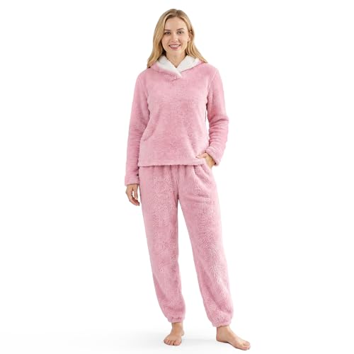 PJGGZ Fluffy Womens Pajama Sets Pjs with Pants Winter Fuzzy Pajamas Fleece Soft Cozy Warm Ladies Loungewear(Pink M)
