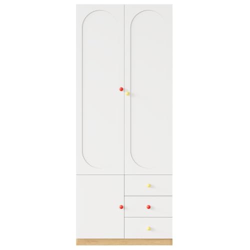 Merax Armadio con cassetti per cameretta dei bambini, bianco, finitura laccata, con asta appendiabiti e manici in ceramica colorata, 80 × 45 × 200 cm, armadio piccolo per vestiti per bambini