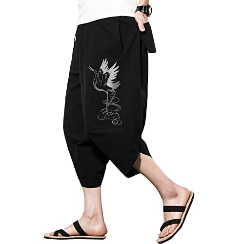 DOSLAVIDA Men's Linen Harem Capri Pants Lightweight Elastic Waist Wide Leg Cropped Trousers Casual Loose Beach Capris