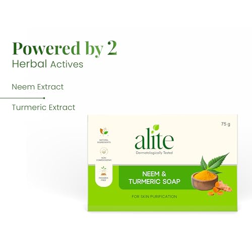 Image of Alite Neem & Turmeric Soap for Skin Purification & Natural Glow | Herbal Bath Soap with Neem Oil & Turmeric Extract | Cleanses Tan Build-Up, Supports Even-Toned Skin | Men Women | Paraben-Free | 75g Each Pack of 4