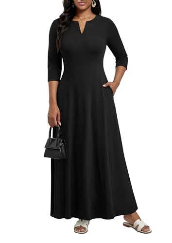 Image of MarryUP Women's V-Neck 3 /4 Sleeve Elegant Maxi Dress with Pockets Church Dresses 2026