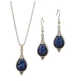 Ladies Natural Blue Stone Jewellery Set - Free Spirit Vintage Boho Style - Matching Necklace and Drop Earrings for Women - 45cm Silver Chain - With Gift Box (Dark Blue Charite)